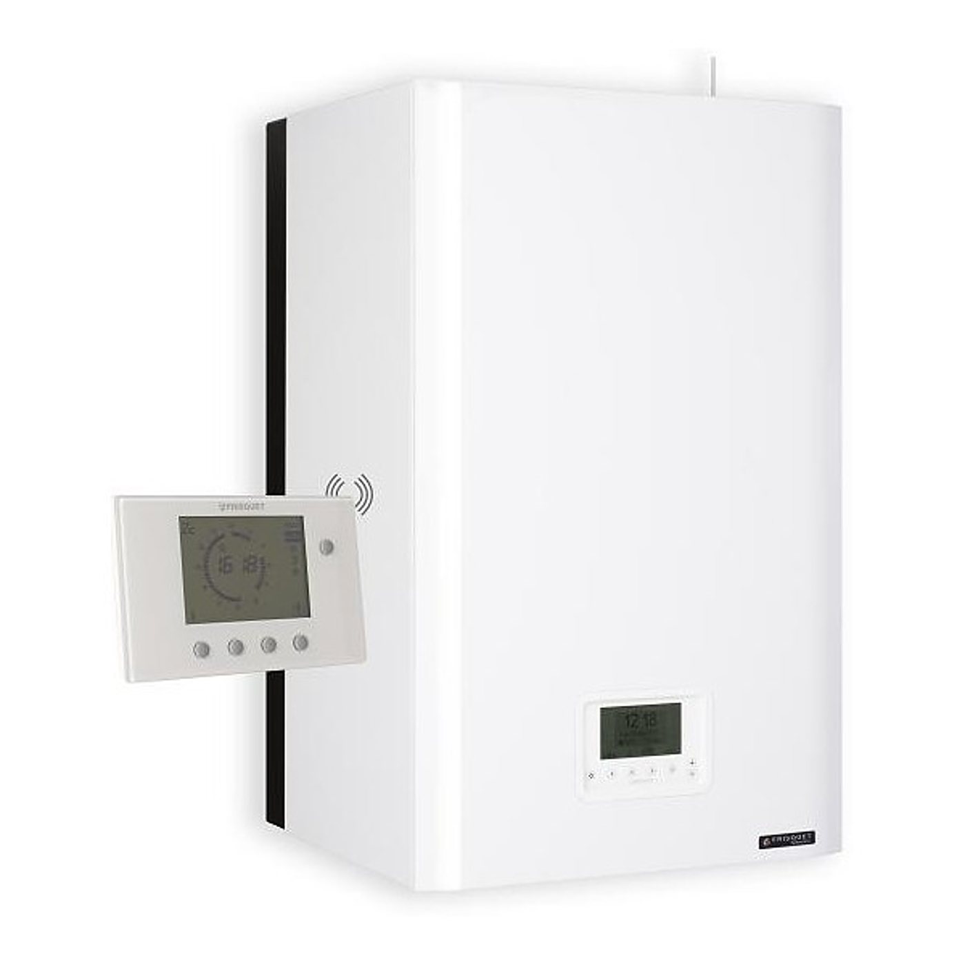 Chaudière murale blanche à condensation avec son thermostat sans fil, sur fond blanc